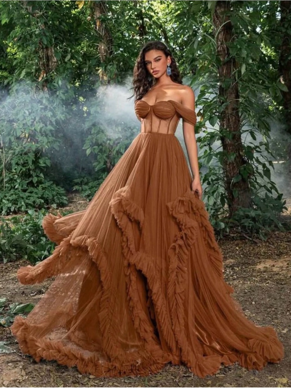 Strapless Brown Tulle Ball Gown Dress - Picture 3 of 4